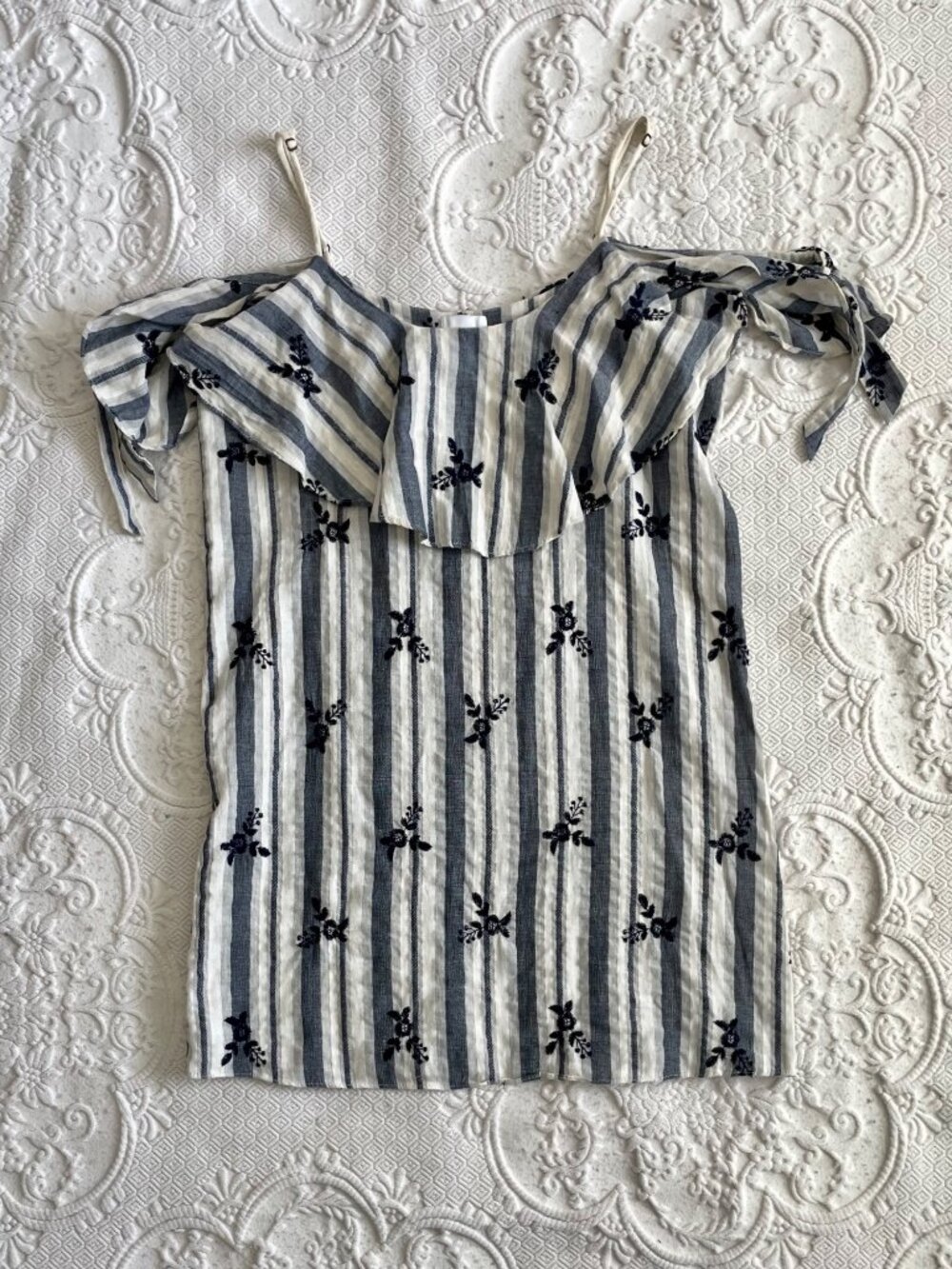 MISA Los Angeles Striped Floral Embroidered Summer Off-the-Shoulder Mini Dress M - Picture 8 of 11
